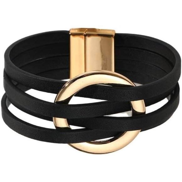 Black Leather Charm Leather Wrap Bracelet Handmade Cuff Bracelets for Women - Picture 1 of 3